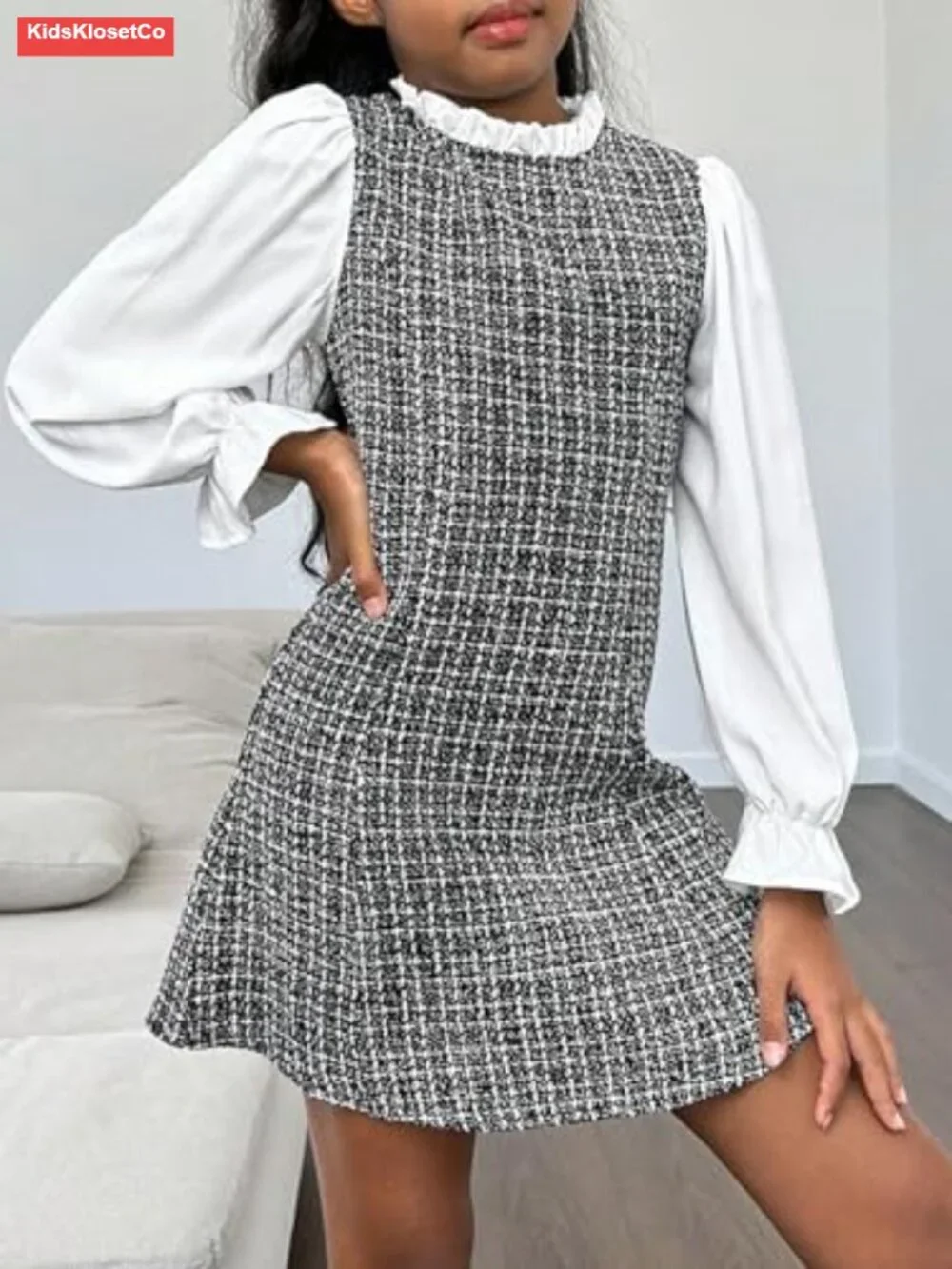 Girls Plaid Tweed Dress Stand Collar Long Sleeve Flounce Frill Trim Mini